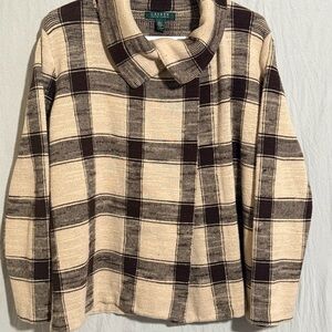 Lauren Ralph Lauren Plaid Knit Cowl Neck Sweater Shawl Beige Brown Cotton L